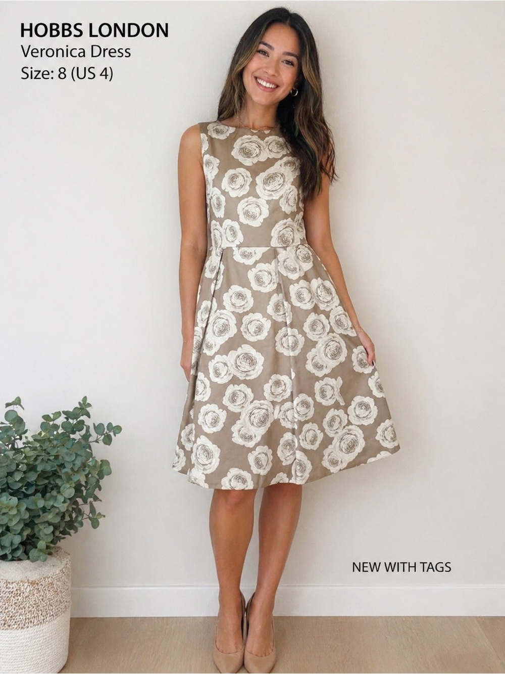 Hobbs London Veronica dress taupe ivory floral retro feminine  womens size 4 NEW